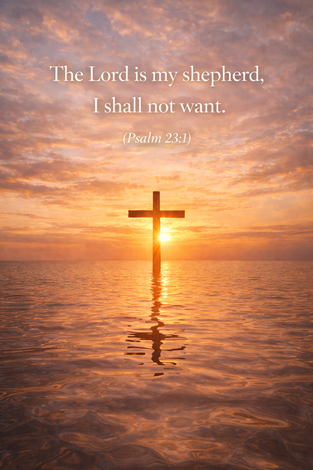 Verses Wallpaper -- Sunset Sea with Cross, Psalm 23 (Vertical)
